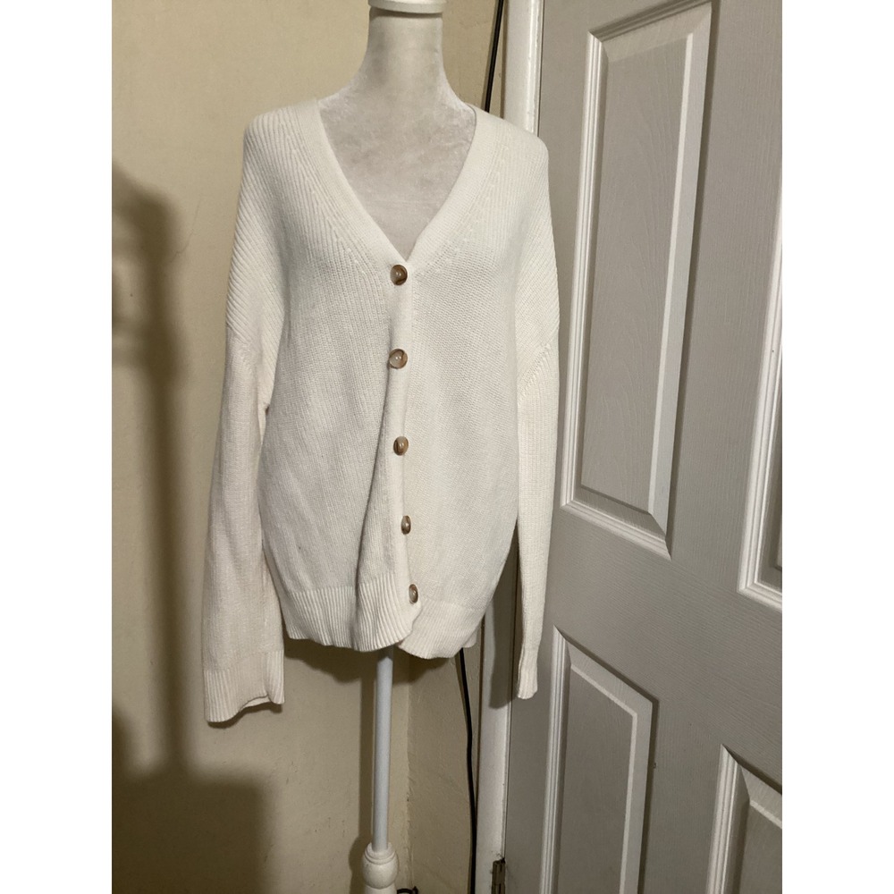 Hudson Los Angeles Womens Cream Ribbed 100% Cotton V-Neck Button Cardigan Large